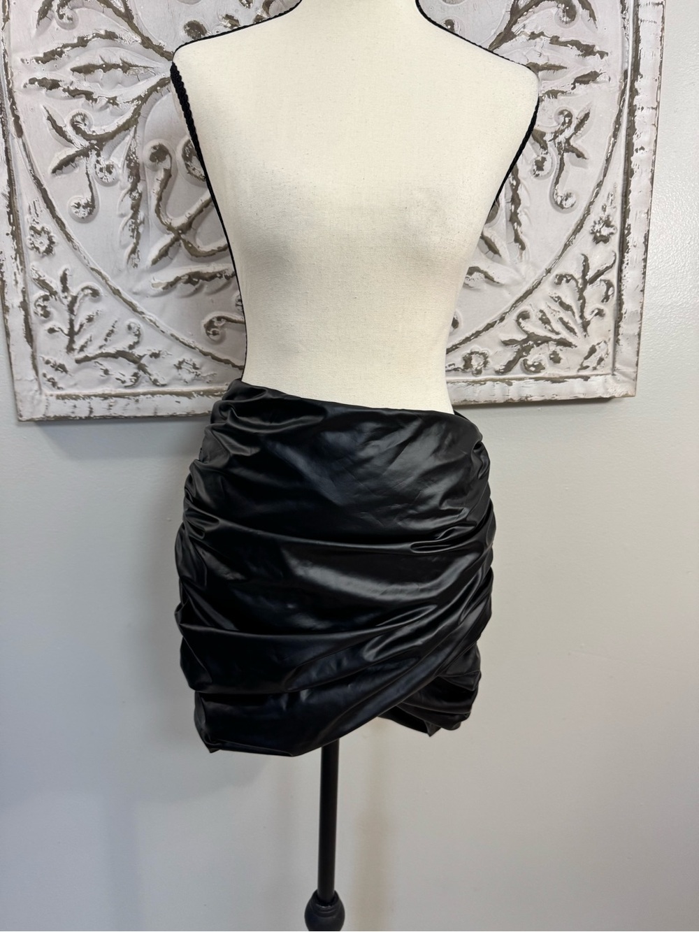 Fashion Nova Don’t Cross Me Faux Leather Mini Skirt L Black Ruched Crossover NWT